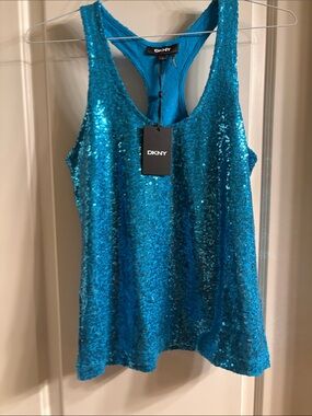 DKNY Sequined Turquoise Stretchy Tank NWT Size Small